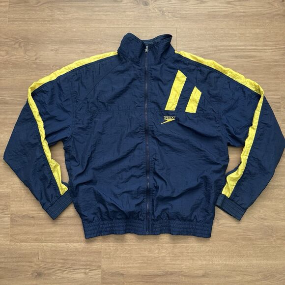VTG 90s Speedo Windbreaker Jacket Navy Blue Yellow Full Zip Men’s Small Retro - Picture 8 of 8